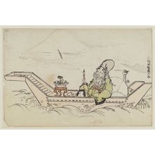 磯田湖龍齋: Fukurokuju in a Boat Passing Mount Fuji - ボストン美術館