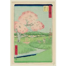 Utagawa Hiroshige: No. 45, Ishiyakushi: Yoshitsune's Cherry Tree and the Shrine of Noriyori (Ishiyakushi, Yoshitsune sakura Noriyori no hokora), from the series Famous Sights of the Fifty-three Stations (Gojûsan tsugi meisho zue), also known as the Vertical Tôkaidô - Museum of Fine Arts