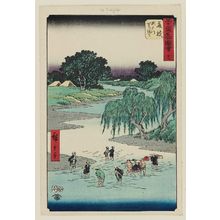 Utagawa Hiroshige: No. 23, Fujieda: Fording the Seto River (Fujieda, Setogawa kachiwatari), from the series Famous Sights of the Fifty-three Stations (Gojûsan tsugi meisho zue), also known as the Vertical Tôkaidô - Museum of Fine Arts