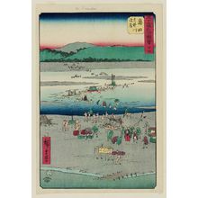 Utagawa Hiroshige: No. 24, Shimada: The Suruga Side of the Ôi River (Shimada, Ôigawa Sungan), from the series Famous Sights of the Fifty-three Stations (Gojûsan tsugi meisho zue), also known as the Vertical Tôkaidô - Museum of Fine Arts