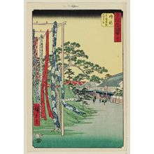 Utagawa Hiroshige: No. 41, Narumi: Shop with Famous Arimatsu Tie-dyed Cloth (Narumi, meisan Arimatsu shibori mise), from the series Famous Sights of the Fifty-three Stations (Gojûsan tsugi meisho zue), also known as the Vertical Tôkaidô - Museum of Fine Arts