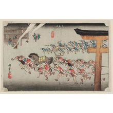 Utagawa Hiroshige: Miya: Festival of the Atsuta Shrine (Miya, Atsuta shinji), from the series Fifty-three Stations of the Tôkaidô Road (Tôkaidô gojûsan tsugi no uchi), also known as the First Tôkaidô or Great Tôkaidô - Museum of Fine Arts