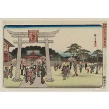 Utagawa Hiroshige, 歌川広重 (Utagawa Hiroshige I)创作的日本版画《The Precincts of the Hachiman Shrine in Fukagawa (Fukagawa Hachiman no keidai), from the series Famous Places in Edo (Kôto meisho)》