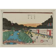 Japanese Print "Akabane Bridge and Zôjô-ji Temple in Shiba (Shiba Akabane Zôjô-ji), from the series Famous Places in the Eastern Capital (Tôto meisho)" by Utagawa Hiroshige, 歌川広重 (Utagawa Hiroshige I)