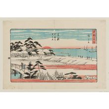 Japanischer Druck "Sunrise on New Year's Day at Susaki, a Snowy Morning (Yuki no asa Susaki no hatsu hinode), from the series Famous Places in the Eastern Capital (Tôto meisho no uchi)" von Utagawa Hiroshige, 歌川広重 (Utagawa Hiroshige I)