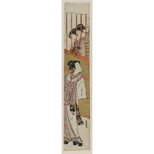 磯田湖龍齋: Two Girls Looking out a Window at a Young Man Dressed as a Komusô - ボストン美術館