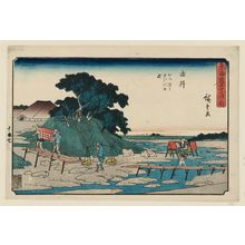 Utagawa Hiroshige: Yui: Fording the Yui River (Yui, kachiwatari Yuigawa no zu), from the series The Fifty-three Stations of the Tôkaidô Road (Tôkaidô gojûsan tsugi no uchi), also known as the Gyôsho Tôkaidô - Museum of Fine Arts