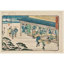 歌川広重: Narumi: Shop Selling Famous Arimatsu Tie-dyed Fabric (Narumi, meibutsu Arimatsu shibori mise), from the series The Fifty-three Stations of the Tôkaidô Road (Tôkaidô gojûsan tsugi no uchi), also known as the Gyôsho Tôkaidô - ボストン美術館