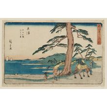 Utagawa Hiroshige, 歌川広重 (Utagawa Hiroshige I)创作的日本版画《Okitsu: Tago Bay and Kiyomigaseki (Okitsu, Tago no ura, Kiyomigaseki), from the series The Fifty-three Stations of the Tôkaidô Road (Tôkaidô gojûsan tsugi no uchi), also known as the Gyôsho Tôkaidô》