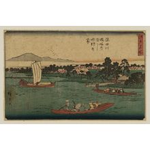 歌川広重: Hashiba Ferry on the Sumida River and the Grove of the Suijin Shrine (Sumidagawa Hashiba no watashi Suijin no mori), from the series Famous Places in Edo (Edo meisho) - ボストン美術館