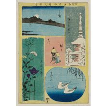 Utagawa Hiroshige: Asakusa Kinryuzan (Pagoda in snow), Mimeguri (Moonlight), Raimon (Two toy figures), Sumidagawa (Two birds), Mukojima hanyashiki (Flower garden), from the series Cutout Pictures of Famous Places in Edo (Edo meisho harimaze zue) - Museum of Fine Arts