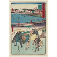 Utagawa Hiroshige: Shinagawa: Palanquin Carriers, Pilgrim to the Daishi Shrine, and Courier, from the series Pictorial Guide to the Fifty-three Stations of the Tôkaidô: Customs of the Road (Tôkaidô gojûsan tsugi saiken zue, dôchû fûzoku) - Museum of Fine Arts