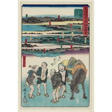 Utagawa Hiroshige: Kawasaki: Horse Drivers Waiting for Riders (Umakata norite o matsu), from the series Pictorial Guide to the Fifty-three Stations of the Tôkaidô: Customs of the Road (Tôkaidô gojûsan tsugi saiken zue, dôchû fûzoku) - Museum of Fine Arts