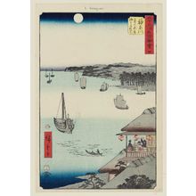 Utagawa Hiroshige: No. 4, Kanagawa: View over the Sea from the Teahouses on the Embankment (Kanagawa, dai no chaya kaijô miharashi), from the series Famous Sights of the Fifty-three Stations (Gojûsan tsugi meisho zue), also known as the Vertical Tôkaidô - Museum of Fine Arts