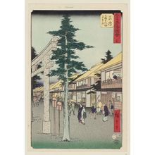 Utagawa Hiroshige: No. 12, Mishima: First Gate of the Shrine of Mishima Daimyôjin (Mishima, Mishima Daimyôjin Ichi no torii), from the series Famous Sights of the Fifty-three Stations (Gojûsan tsugi meisho zue), also known as the Vertical Tôkaidô - Museum of Fine Arts