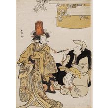 勝川春章: Actors Bandô Mitsugorô I as Otatsu, and Ichikawa Danjûrô V and Ichikawa Monnosuke II as monks - ボストン美術館