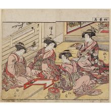 北尾重政: 4 beauties seated, reading, writing and talking. Book illustration: Seiro Bijin Awase Sugata Kagami - vol. of 