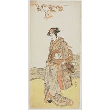 勝川春好: Actor dressed as female walking beside river carrying basket - ボストン美術館