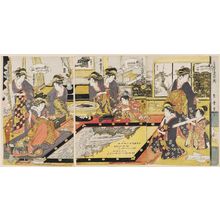 喜多川月麿: A Votive Picture to be Donated to the Kannon of Asakusa, by Takigawa of the Ôgiya, kamuro Menami and Onami, shinzô Tomikawa, Kumegawa, Tamagawa, ?, Utakawa, Kiyokawa - ボストン美術館