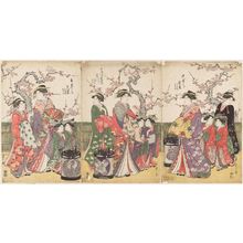 Hosoda Eishi: Courtesans Parading under Cherry Blossoms: Utagiku of the Takeya, kamuro Utagi and Utano; Tomikawa of the Matsubaya, kamuro Onami and Menami; Hanamurasaki of the Kado-Tamaya, kamuro Hanano and Haruno - Museum of Fine Arts