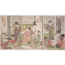 Eishosai Choki: Rain on the Morning After in the Yoshiwara, a Triptych (Seirô kinuginu ame, sanmai tsuzuki) - Museum of Fine Arts