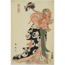 勝川春英: Kisoi jishi, Lion Contest. Woman holding lion mask. Series: Oshiegata (Raised picture patterns), Kabuki dances. - ボストン美術館