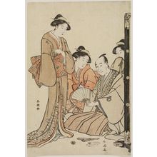 Katsukawa Shun'ei: Actor Sawamura Sôjûrô III (by Shun'ei) Inscribing a Fan for Three Women (by Shunchô) - Museum of Fine Arts
