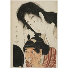 Kitagawa Utamaro: Yamauba Tying Kintaro's Top Knot While He Makes Faces in the Mirror - Museum of Fine Arts