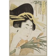 Kitagawa Utamaro: Wisteria: Hitomoto of the Daimonjiya in Kyô-machi Itchôme, kamuro Senkaku and Banki, from an untitled series of courtesans compared to flowers - Museum of Fine Arts