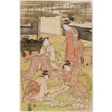 Utagawa Toyokuni I: Women dress-making, measuring and cutting cloth - Museum of Fine Arts