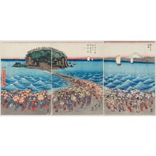 Utagawa Hiroshige: Crowds Visiting the Shrine of Benzaiten at Enoshima in Sagami Province on the Occasion of the Special Viewing (Sôshû Enoshima Benzaiten kaichô sankei gunshû no zu) - Museum of Fine Arts