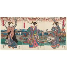 渓斉英泉: Cherry blossoms in full bloom on the banks of the Sumida River (Sumidagawa-zutsumi sakura-zakari) - ボストン美術館