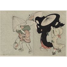 Kitagawa Utamaro: Two Geisha and Porter in Wind and Rain at Night, from Vol. 2 of the book Ehon shiki no hana (Flowers of the Four Seasons) - Museum of Fine Arts