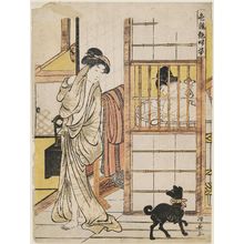 Torii Kiyonaga, 鳥居清長 (Torii Kiyonaga)による浮世絵「A Woman Emerging from the Bath and a Black Dog, from the series Comparison of the Charms of Alluring Women (Irokurabe enpu sugata)」