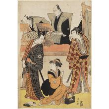 Torii Kiyonaga: Actors Ichikawa Monnosuke II as Shirafuji Genta, Iwai Hanshirô IV as Oshun, and Ichikawa Yaozô III as Denbei, with chanters Tomimoto Buzendayû and Tomimoto Itsukidayû and accompanist Namizaki Tokuji - Museum of Fine Arts