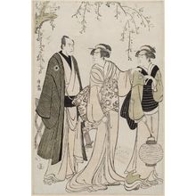 Torii Kiyonaga: Actors Nakamura Rikô as the Geisha Otsuma of Tanbaya (C), Ichikawa Danjuro V as Koguya Yahei (L), and an unidentified actor as the maid (R) - Museum of Fine Arts