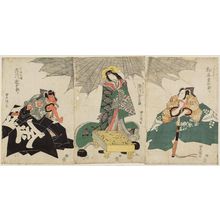 Utagawa Toyokuni I: Actors Matsumoto Kôshirô as Hidetake (R), Segawa Kikunojô as the Spider Spirit (C), and Ichikawa Danjûrô as Sakata Kintoki (L) - Museum of Fine Arts