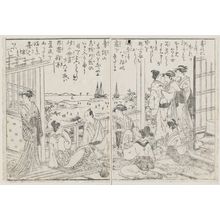 鳥居清長: A party in a brothel at Shinagawa, on porch overlooking bay at low tide. From Ehon monomi ga oka, Vol I, 4th - ボストン美術館