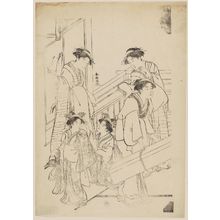 Katsukawa Shuncho: 3 yujo and 2 attendants on porch. Part of triptych. - Museum of Fine Arts