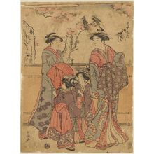 勝川春潮: Takigawa of the Ôgiya, kamuro Menami and Onami - ボストン美術館