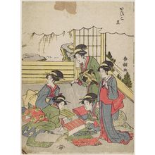 玉川舟調: No. 12. A group of five women looking at bolts of silk. Series: Kaiko. (Silkworm). - ボストン美術館