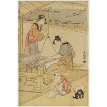 歌川豊国: Women Weaving and Boy Playing with Puppies - ボストン美術館