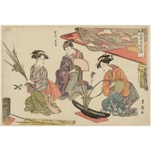 Utagawa Toyokuni I: The Fifth Month (Gogatsu): Actor Iwai Hanshirô V and Two Teahouse Waitresses Arranging Flowers, from the series Fashionable Amusements of the Five Festivals, Newly Published (Shinpan fûryû gosekku asobi) - Museum of Fine Arts