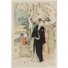 歌川豊国: Courtesan, Man, and Woman Under Cherry Blossoms - ボストン美術館