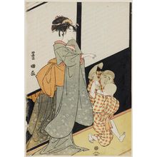 歌川豊国: Child Playing with his Reflection as a Woman Watches - ボストン美術館