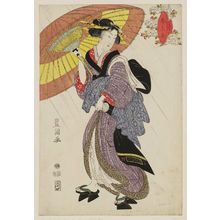 Utagawa Toyokuni I: Woman in Rain with Umbrella, from the series Comparison of Beauties (Bijin awase) - Museum of Fine Arts