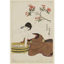 歌川豊国: Woman Bathing Under Flowers - ボストン美術館