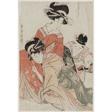 豊原周延: Two women, boy with actor print - ボストン美術館