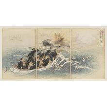 Estampe japonaise "Picture of Captain Ôsawa and Six Others, the Death-Defying Seven from the Warship Yaeyama, Pushing Forward in Rongcheng Bay (Yaeyama-kan norikumi Ôsawa taii-ra shichimei no kesshitai Eijôwan ni funshin suru zu)" par Ogata Gekko, 尾形月耕 (Ogata Gekkô)