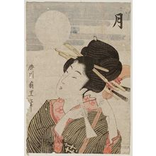 Japanese Print "Moon (Tsuki): Woman Holding Plectrum and Shamisen, probably from an untitled series of Snow, Moon, and Flowers (Setsugekka)" by Katsukawa Senri